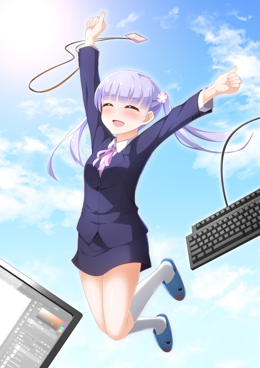 1girl :d ^_^ arm_up blazer blue_skirt blush clenched_hands closed_eyes clouds collared_shirt computer_keyboard formal full_body highres id_card jacket kneehighs lavender_hair long_sleeves maanii monitor name_tag neck_ribbon new_game! open_mouth outstretched_arms pencil_skirt pink_ribbon ribbon school_uniform shirt skirt skirt_suit sky slippers smile solo suit suzukaze_aoba white_legwear white_shirt