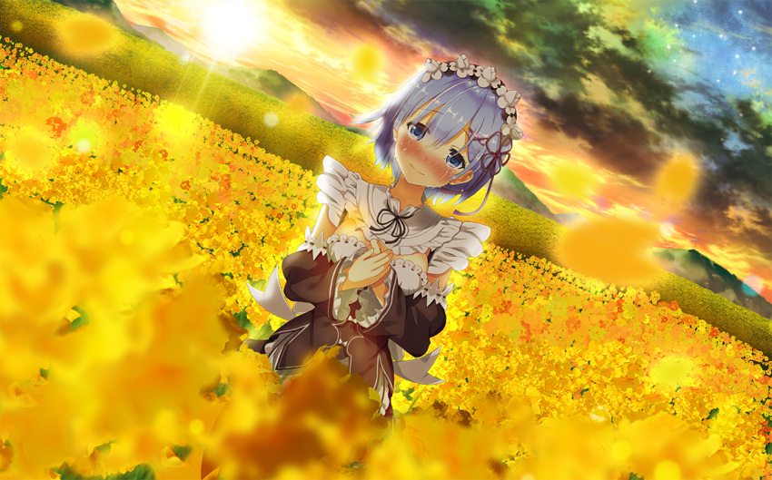 1girl apron blue_eyes blue_hair blurry blush breasts clouds cloudy_sky crying crying_with_eyes_open depth_of_field detached_sleeves dress field flower flower_field frilled_sleeves frills hair_between_eyes hair_ornament hands_on_own_chest hands_together head_tilt hirokyon0606 horizon lens_flare light_smile looking_at_viewer maid maid_headdress medium_breasts mountain nose_blush petals re:zero_kara_hajimeru_isekai_seikatsu rem_(re:zero) ribbon-trimmed_clothes ribbon-trimmed_sleeves ribbon_trim short_hair sky solo star_(sky) sunlight sunset tears wind x_hair_ornament