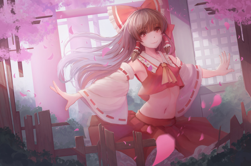 1girl adapted_costume ascot bare_shoulders blush bow brown_hair cherry_blossoms commentary_request crop_top dappled_sunlight detached_sleeves hair_bow hair_tubes hakurei_reimu highres long_hair midriff navel outstretched_arms petals petticoat red_bow red_eyes red_skirt ribbon-trimmed_sleeves ribbon_trim skirt skirt_set smile solo spread_arms sunlight touhou wide_sleeves youxuemingdie
