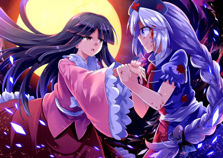 2girls backlighting black_bow black_hair blood blood_on_face bloody_clothes blue_eyes bow braid commentary_request e.o. eye_contact frilled_sleeves frills full_moon hair_bow hat hime_cut holding houraisan_kaguya long_hair long_sleeves looking_at_another moon multiple_girls nurse_cap ponytail puffy_short_sleeves puffy_sleeves red_cross red_eyes sash short_sleeves silver_hair single_braid smile tears touhou wide_sleeves wind yagokoro_eirin