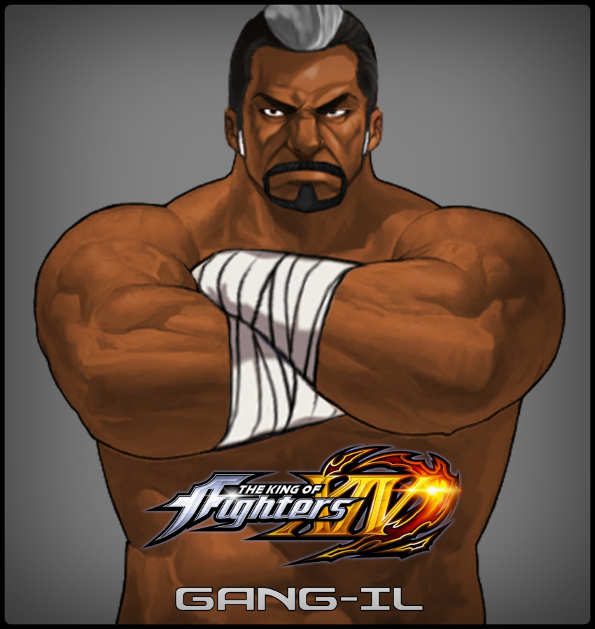 1boy bandages beard black_hair character_name copyright_name crossed_arms dark_skin emmakof facial_hair gang-il grey_background highres multicolored_hair shirtless simple_background solo the_king_of_fighters the_king_of_fighters_xiv two-tone_hair upper_body white_hair
