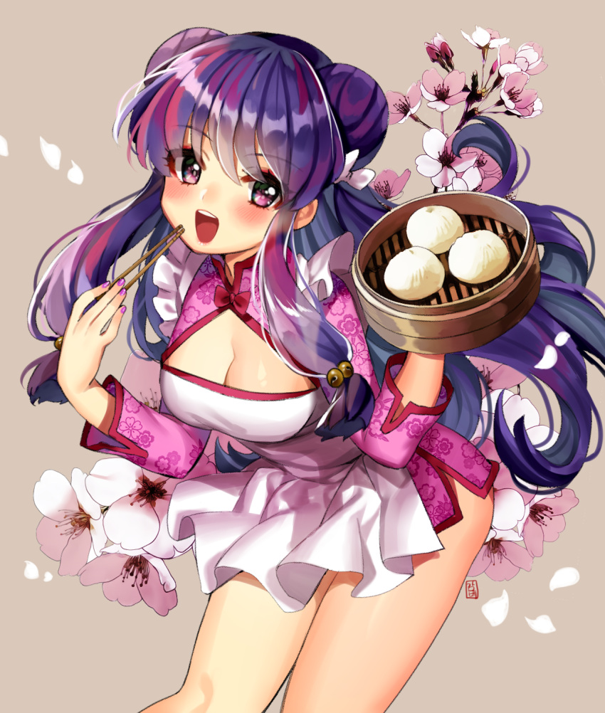 1girl :d apron bamboo_steamer bangs baozi beige_background bell blush bow breasts china_dress chinese_clothes chopsticks cleavage double_bun dress eyebrows eyebrows_visible_through_hair eyelashes floral_background floral_print food gabe_(seelunto) hair_bell hair_ornament highres holding jingle_bell large_breasts leaning_forward long_hair long_sleeves maid_apron microdress nail_polish open_mouth petals pink_dress pink_flower print_dress purple_hair purple_nails ranma_1/2 red_bow shampoo_(ranma_1/2) sidelocks simple_background smile solo very_long_hair violet_eyes white_apron