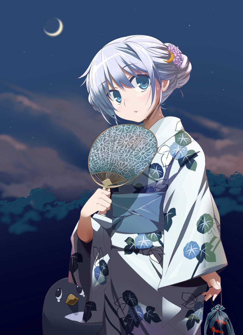 1girl absurdres alternate_costume alternate_hairstyle arm_at_side blue_eyes blurry crescent crescent_hair_ornament depth_of_field evening failure_penguin fan fang floral_print hair_ornament hair_up highres japanese_clothes kantai_collection kimono leaf_print long_sleeves looking_at_viewer night night_sky obi outdoors paper_fan parted_lips pu-chin purple_hair sash short_hair short_hair_with_long_locks sky standing sweat uchiwa white_kimono wide_sleeves yayoi_(kantai_collection)