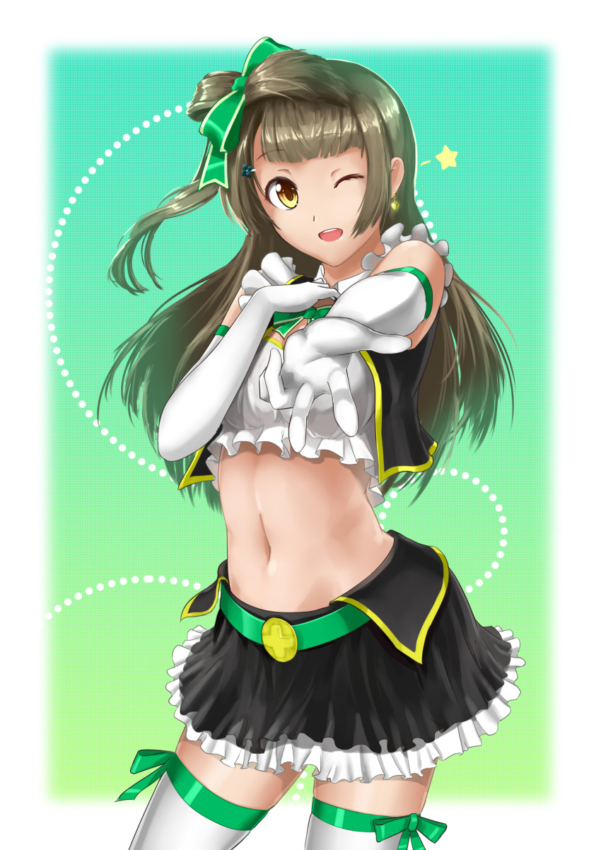 1girl absurdres belt black_skirt brown_hair ccjn elbow_gloves gloves green_ribbon hair_ornament hair_ribbon highres idol lace lace-trimmed_thighhighs long_hair looking_at_viewer love_live! love_live!_school_idol_project midriff minami_kotori navel one_eye_closed open_mouth ribbon skirt solo thigh-highs white_gloves yellow_eyes