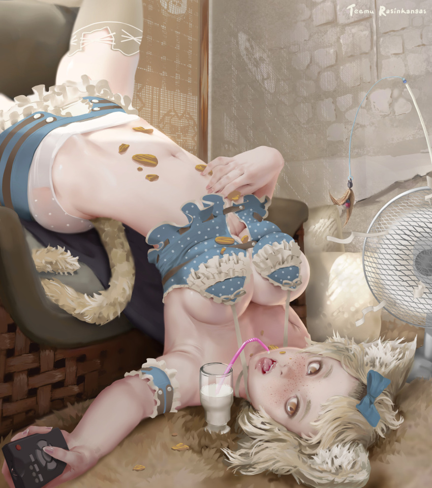 1girl animal_ears arm_garter armchair artist_name bangs_pinned_back blonde_hair bow breasts brown_eyes carpet cat_ears cat_tail cat_teaser chair chips cleavage controller crop_top cup cushion drinking_glass drinking_straw electric_fan fangs fingernails food food_on_body foreshortening freckles frills grey_legwear hair_bow hand_on_own_stomach highres hip_bones holding indoors long_fingernails looking_at_viewer messy midriff milk miniskirt navel no_bra open_mouth original outstretched_arms polka_dot remote_control silver_hair skirt sleeveless slit_pupils solo spaghetti_strap stomach strap_gap tail teemu_rasinkangas thigh-highs tongue tongue_out upside-down