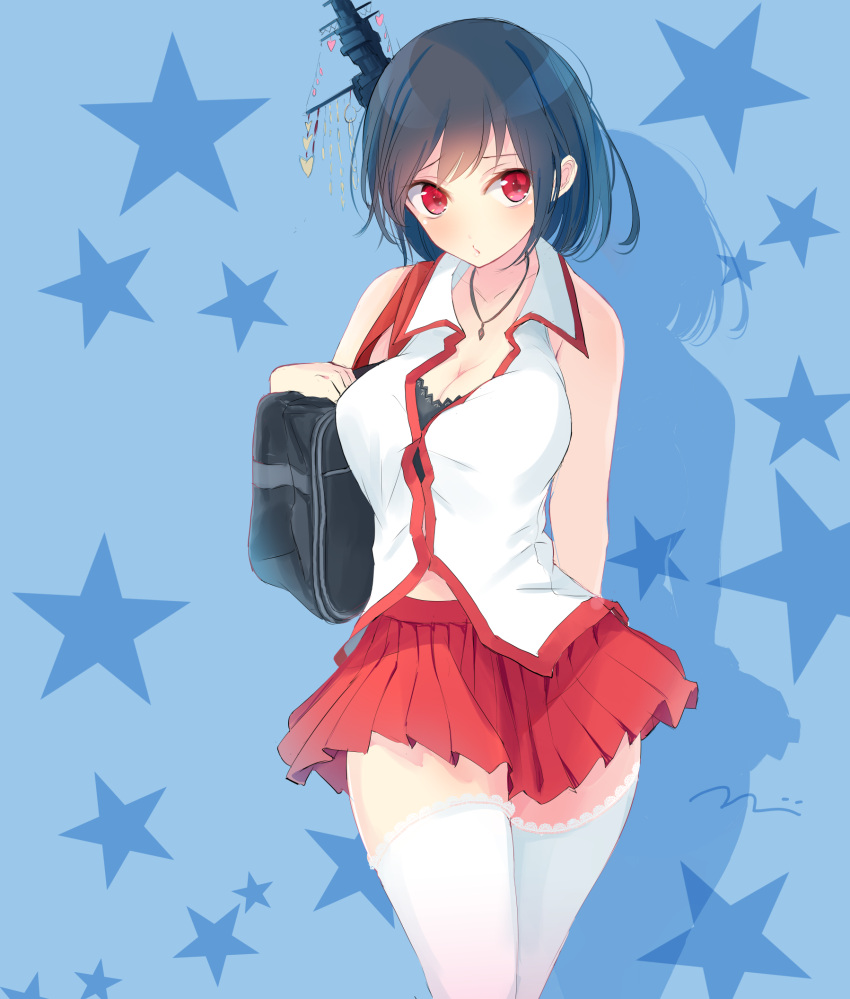 1girl alternate_costume bag bare_shoulders black_hair blue_background breasts cleavage commentary_request cowboy_shot eyebrows eyebrows_visible_through_hair hair_ornament highres jewelry kantai_collection large_breasts looking_at_viewer necklace pleated_skirt red_eyes red_skirt school_bag school_uniform short_hair skirt solo star starry_background tebi_(tbd11) white_legwear yamashiro_(kantai_collection)