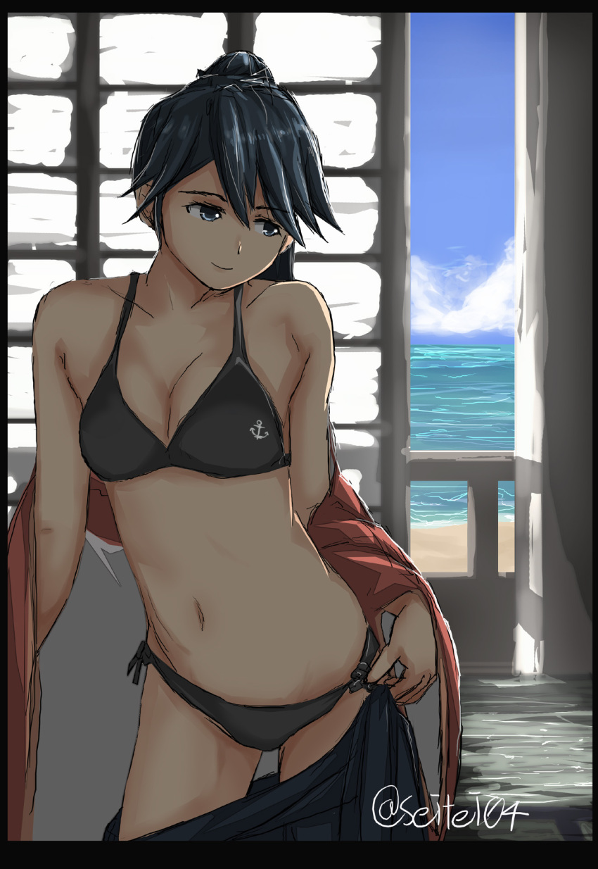 1girl alternate_costume anchor_symbol bare_shoulders beach bikini black_bikini black_eyes black_hair breasts cleavage commentary_request eyebrows eyebrows_visible_through_hair hair_between_eyes hakama hakama_skirt highres houshou_(kantai_collection) japanese_clothes kantai_collection navel open_clothes ponytail seitei_(04seitei) solo swimsuit twitter_username