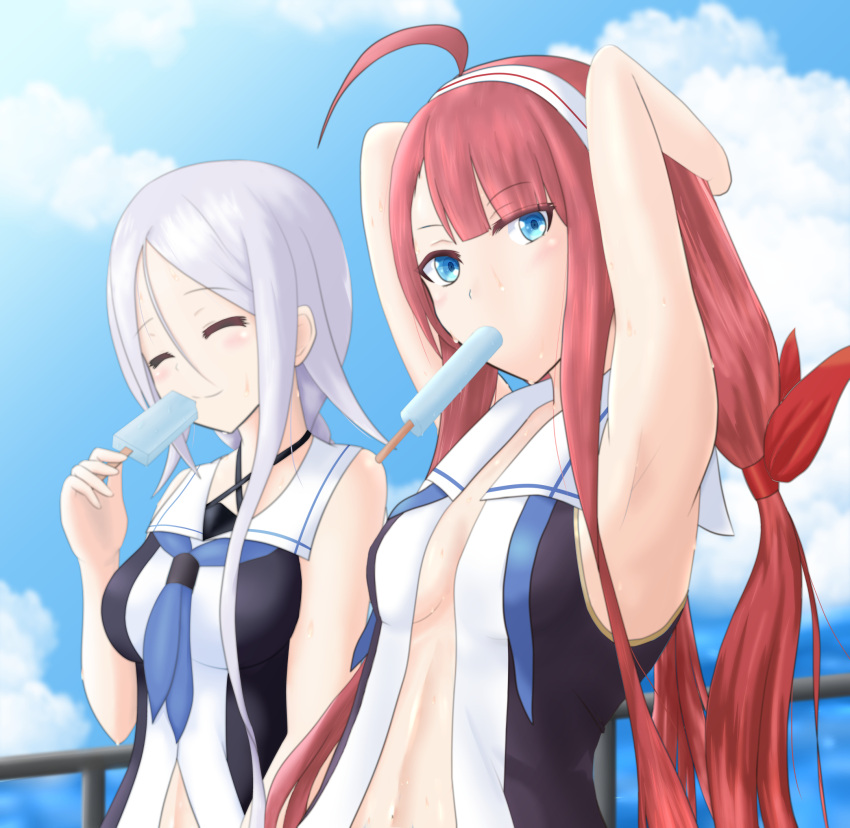 2girls ^_^ ahoge ama_(ama_zumi3) armpits arms_behind_head arms_up bare_arms blue_eyes breasts closed_eyes clouds cloudy_sky commentary_request eyebrows eyebrows_visible_through_hair hairband highres hot kantai_collection kawakaze_(kantai_collection) long_hair looking_at_viewer low_twintails medium_breasts mouth_hold multiple_girls neckerchief no_gloves open_clothes outdoors popsicle railing redhead school_uniform serafuku sideboob sidelocks silver_hair sky smile sweat twintails umikaze_(kantai_collection) upper_body