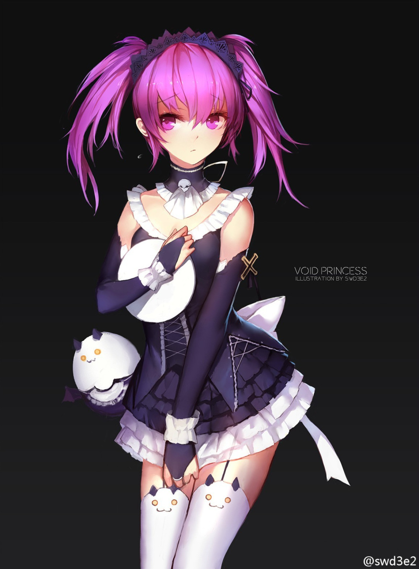 1girl :/ :3 aisha_(elsword) angkor_(elsword) artist_name black_background black_shirt black_skirt bridal_gauntlets closed_mouth covering covering_crotch detached_collar elsword english flying_sweatdrops gradient gradient_background hair_between_eyes headdress highres holding looking_away pink_eyes pink_hair shirt skirt sleeveless sleeveless_shirt swd3e2 thigh-highs tray twintails void_princess_(elsword) white_legwear