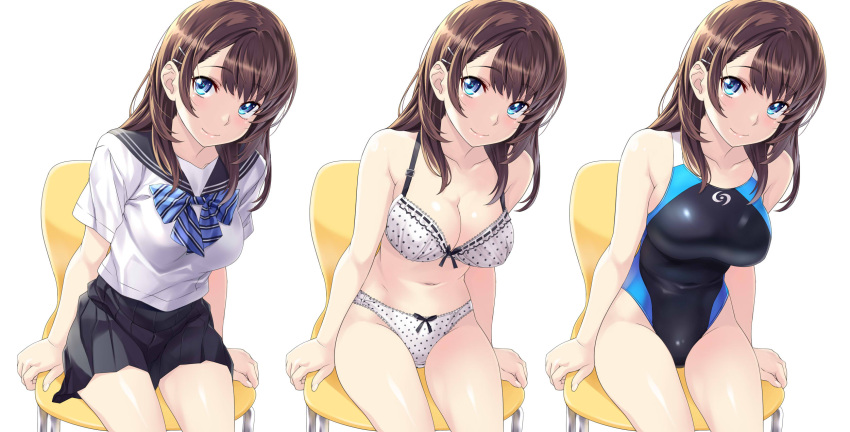 1girl bare_shoulders black_skirt blue_eyes blush bow bow_bra bow_panties bowtie bra breasts brown_hair chair cleavage collarbone competition_swimsuit covered_navel eyebrows eyebrows_visible_through_hair from_above hair_ornament hairclip highres large_breasts long_hair looking_at_viewer miniskirt nagayori navel one-piece_swimsuit original panties pleated_skirt polka_dot polka_dot_bra polka_dot_panties school_uniform serafuku shiny shiny_clothes shiny_hair shiny_skin short_sleeves sideboob simple_background sitting skin_tight skirt smile solo swimsuit thighs underwear underwear_only variations white_background white_bra white_panties