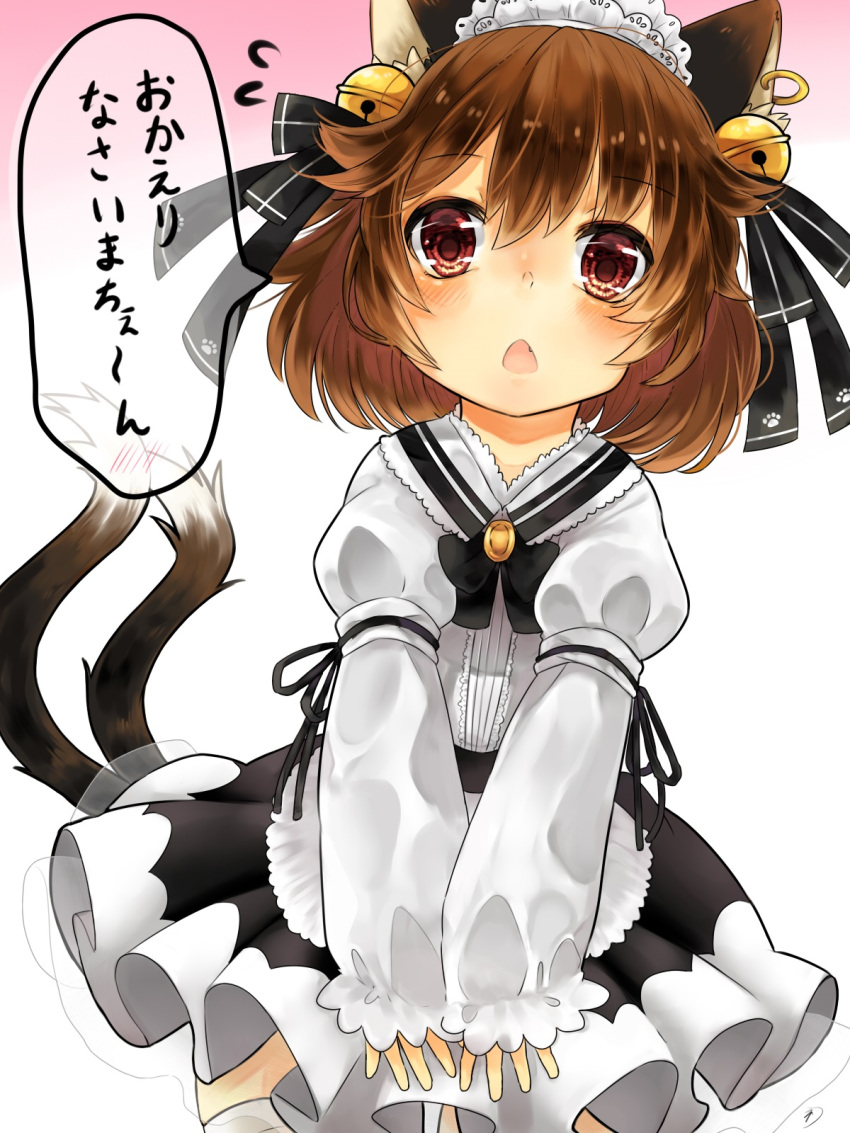 1girl alternate_costume animal_ears apron bell black_dress brown_eyes brown_hair cat_ears cat_tail chen dress enmaided frills hair_bell hair_ornament highres jacket long_sleeves looking_at_viewer maid maid_apron maid_headdress multiple_tails niseneko_(mofumofu_ga_ienai) open_clothes open_jacket outstretched_hand puffy_long_sleeves puffy_short_sleeves puffy_sleeves short_sleeves tail touhou translated v_arms waist_apron