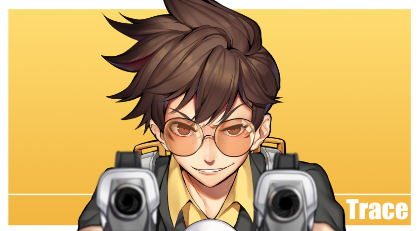 1girl aiming aiming_at_viewer bangs black_jacket brown_eyes brown_hair character_name collared_shirt dress_shirt fur_trim glasses gloves greetload grin harness highres jacket looking_at_viewer overwatch pointing pointing_at_viewer shirt short_hair smile solo spiky_hair tracer_(overwatch) upper_body wing_collar yellow_shirt