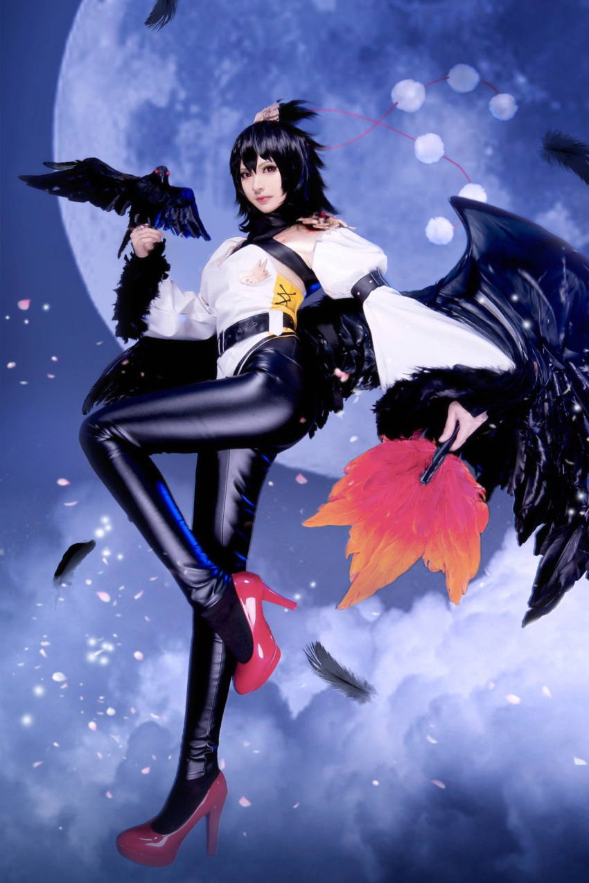 1girl absurdres adapted_costume arm_strap asian ass belt bird black_gloves black_hair black_pants black_scarf black_wings bodysuit breasts buckle closed_mouth clouds cloudy_sky cosplay cross-laced_clothes crow detached_sleeves elbow_gloves fan feathered_wings feathers fingerless_gloves from_side full_body full_moon fur_trim gloves hair_between_eyes hat hauchiwa high_heels highres leather leather_pants legs lips lipstick looking_at_viewer low_wings makeup midair moon night night_sky one_leg_raised outdoors pants petals photo red_eyes red_shoes reference_photo reference_work scarf shameimaru_aya shameimaru_aya_(cosplay) shiny shiny_clothes shoes short_hair skin_tight sky solo spread_wings tokin_hat touhou wide_sleeves wings