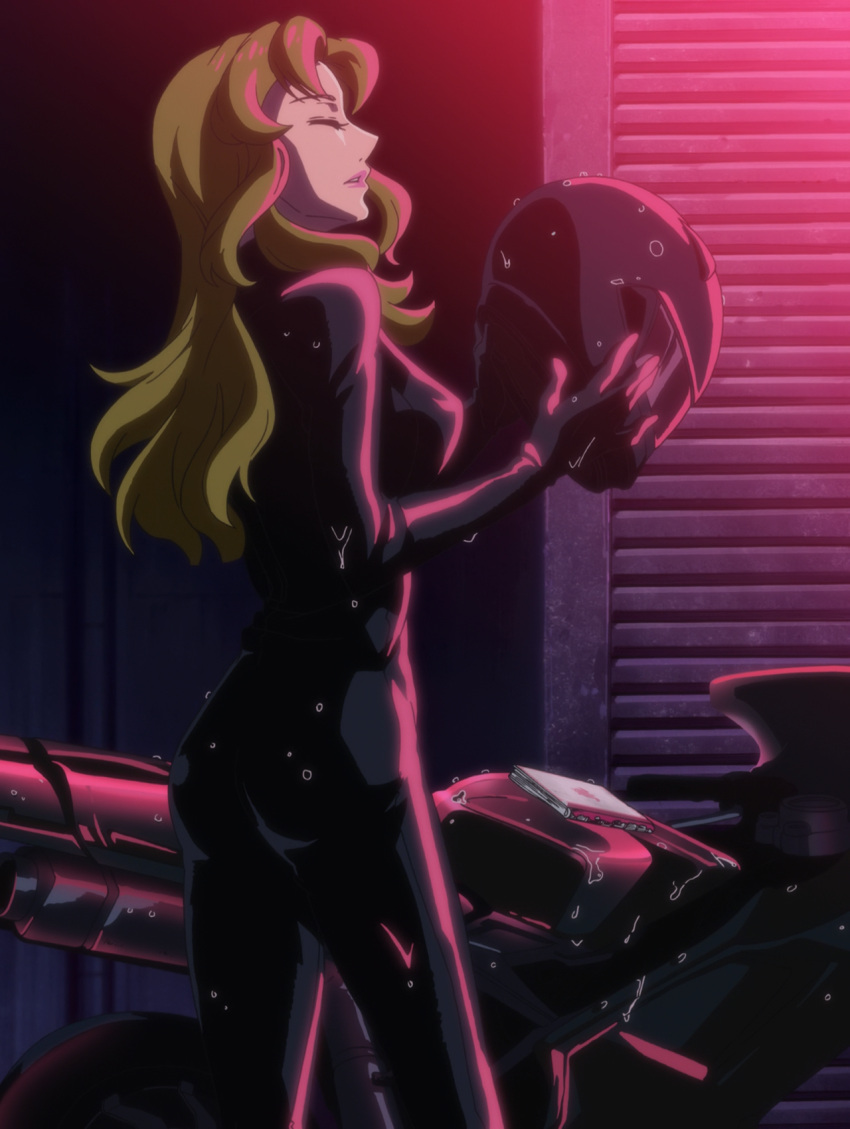 1girl ass biker_clothes bikesuit black_bodysuit blonde_hair bodysuit breasts closed_eyes diary ground_vehicle helmet highres lipstick long_hair makeup mawaru_penguindrum medium_breasts motor_vehicle motorcycle motorcycle_helmet parted_lips pink_lips screencap solo standing stitched tokikago_yuri water_drop wavy_hair wet wet_clothes