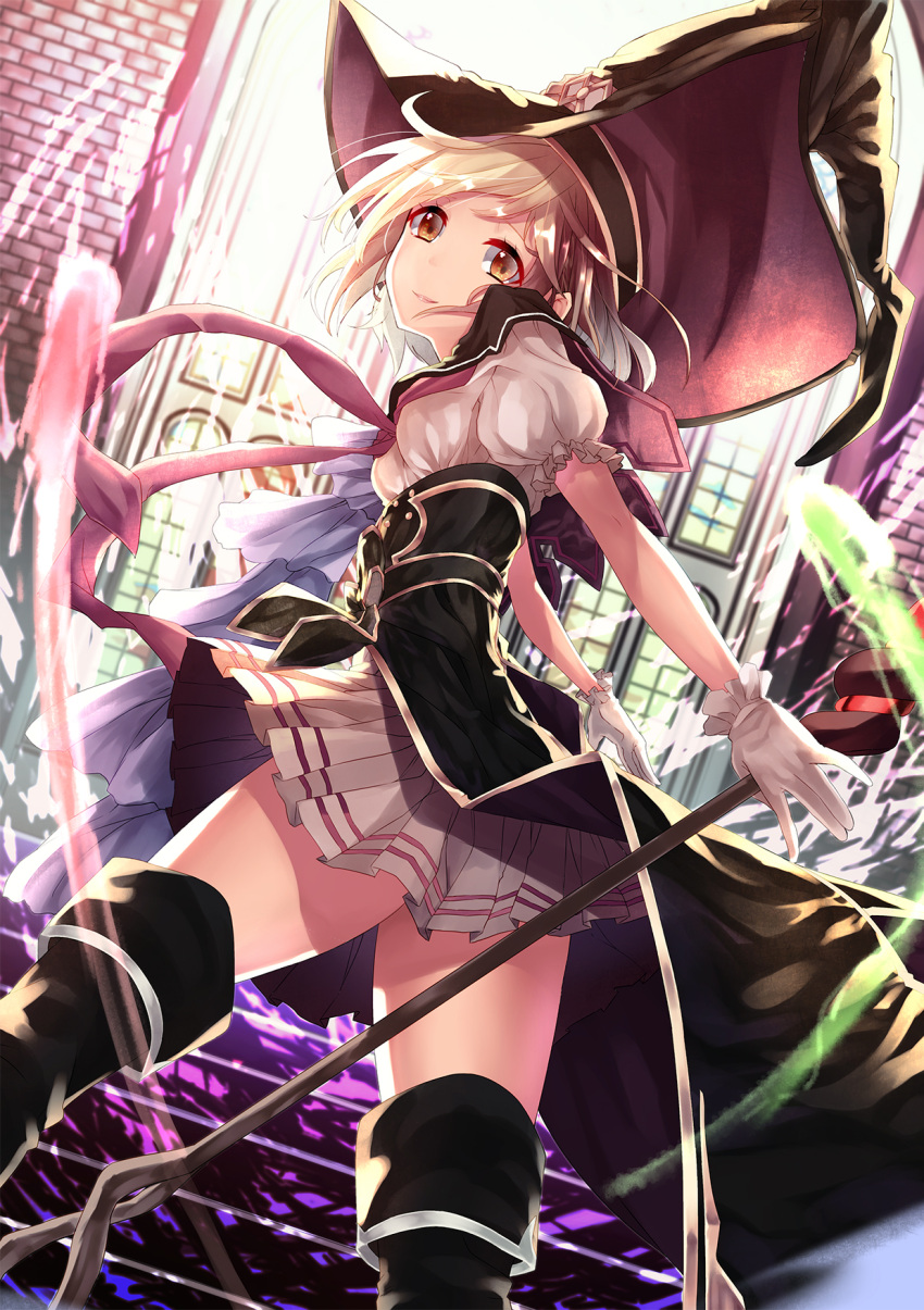1girl blonde_hair boots breasts brick_wall building capelet cowboy_shot djeeta_(granblue_fantasy) dress from_below from_side gloves granblue_fantasy hat highres holding holding_staff lips looking_at_viewer medium_breasts orange_eyes outstretched_arms puffy_short_sleeves puffy_sleeves saraki short_sleeves solo staff stairs thigh-highs thigh_boots underbust warlock_(granblue_fantasy) white_gloves window witch_hat