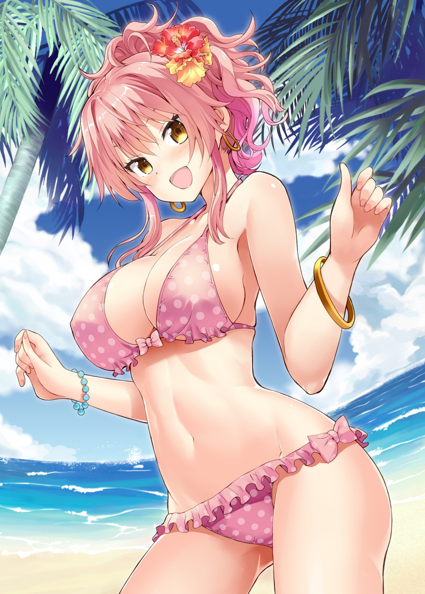 1girl absurdres beach bikini breasts cleavage cowboy_shot flower hair_flower hair_ornament highres idolmaster idolmaster_cinderella_girls jougasaki_mika kazuchi long_hair navel open_mouth pink_hair solo swimsuit yellow_eyes