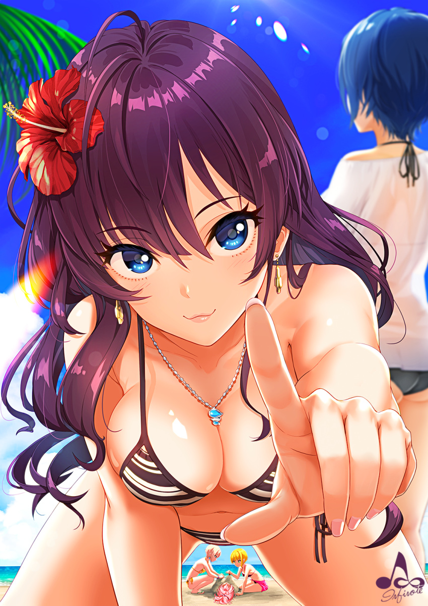 5girls ahoge ass bangs bare_shoulders beach bikini blonde_hair blue_eyes blue_hair blue_sky blush breasts brown_hair buried cleavage closed_mouth clouds collarbone day earrings fingernails flower green_eyes hair_between_eyes hair_flower hair_ornament hayami_kanade hibiscus highres ichinose_shiki idolmaster idolmaster_cinderella_girls infinote jewelry jougasaki_mika lipps_(idolmaster) lips long_hair looking_at_viewer medium_breasts miyamoto_frederica multiple_girls necklace ocean open_mouth outdoors palm_tree pink_hair sand shiomi_shuuko short_hair side-tie_bikini sky smile squatting striped striped_bikini swimsuit tree water wavy_hair