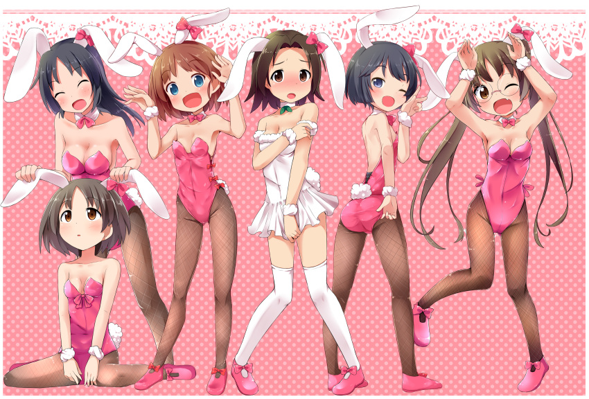 6+girls absurdres animal_ears ass bangs bare_shoulders black_hair blue_eyes blush bow bowtie breasts brown_eyes brown_hair bunny_pose bunny_tail bunnysuit cleavage closed_eyes detached_collar dress fake_animal_ears fake_tail fang fishnet_pantyhose fishnets from_behind full_body girls_und_panzer glasses highres leotard long_hair looking_at_another looking_at_viewer looking_back makuran maruyama_saki multiple_girls off_shoulder one_eye_closed oono_aya open_mouth pantyhose parted_bangs pink_background pink_shoes polka_dot polka_dot_background rabbit_ears round_glasses sakaguchi_karina sawa_azusa shoes short_dress short_hair sitting standing tail thigh-highs twintails utsugi_yuuki v wariza white_dress white_legwear wrist_cuffs yamagou_ayumi