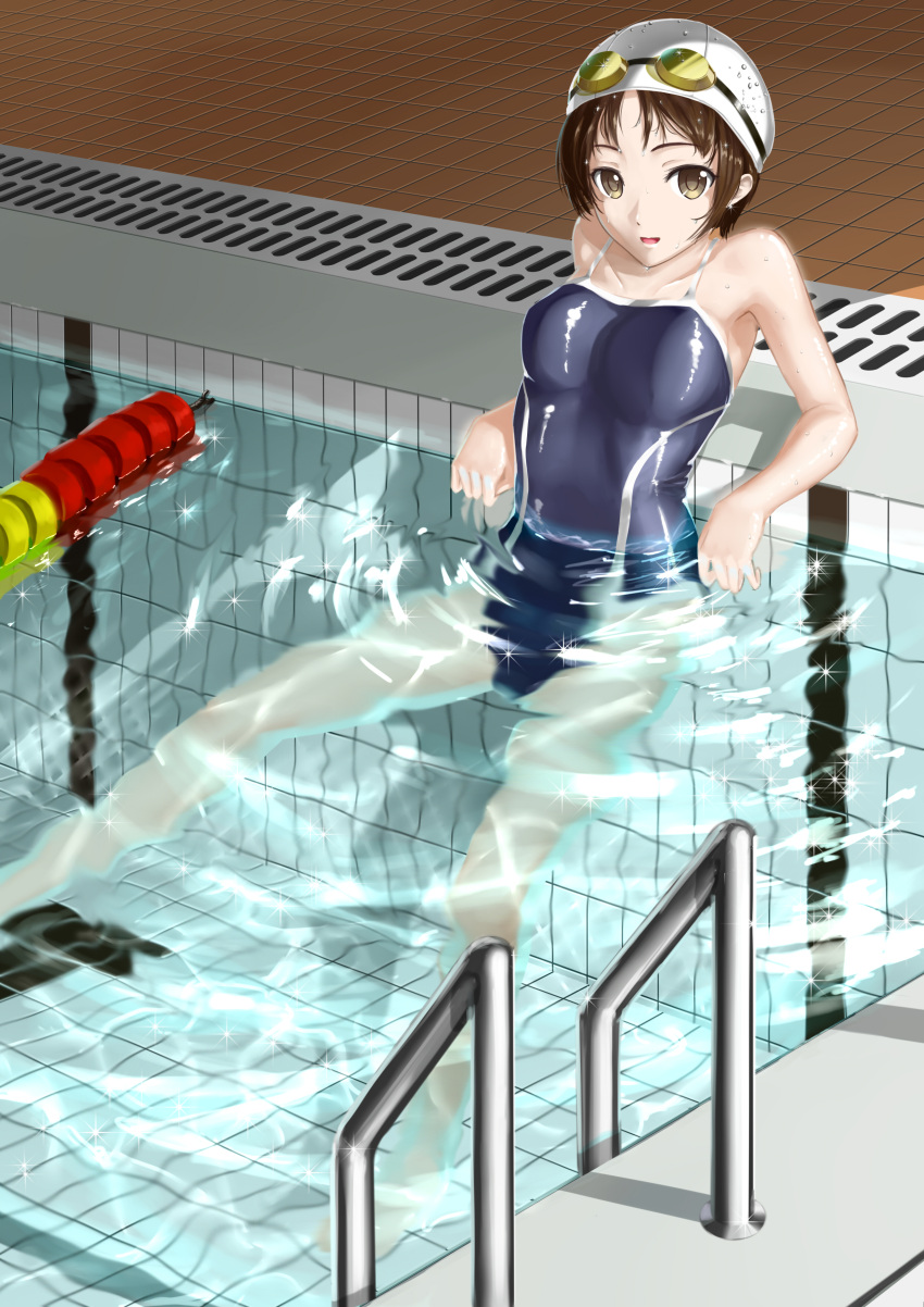 1girl absurdres brown_eyes brown_hair ccjn collarbone competition_school_swimsuit glasses glasslip highres indoors long_hair looking_at_viewer partially_submerged pool school_swimsuit short_hair solo swim_cap swimsuit