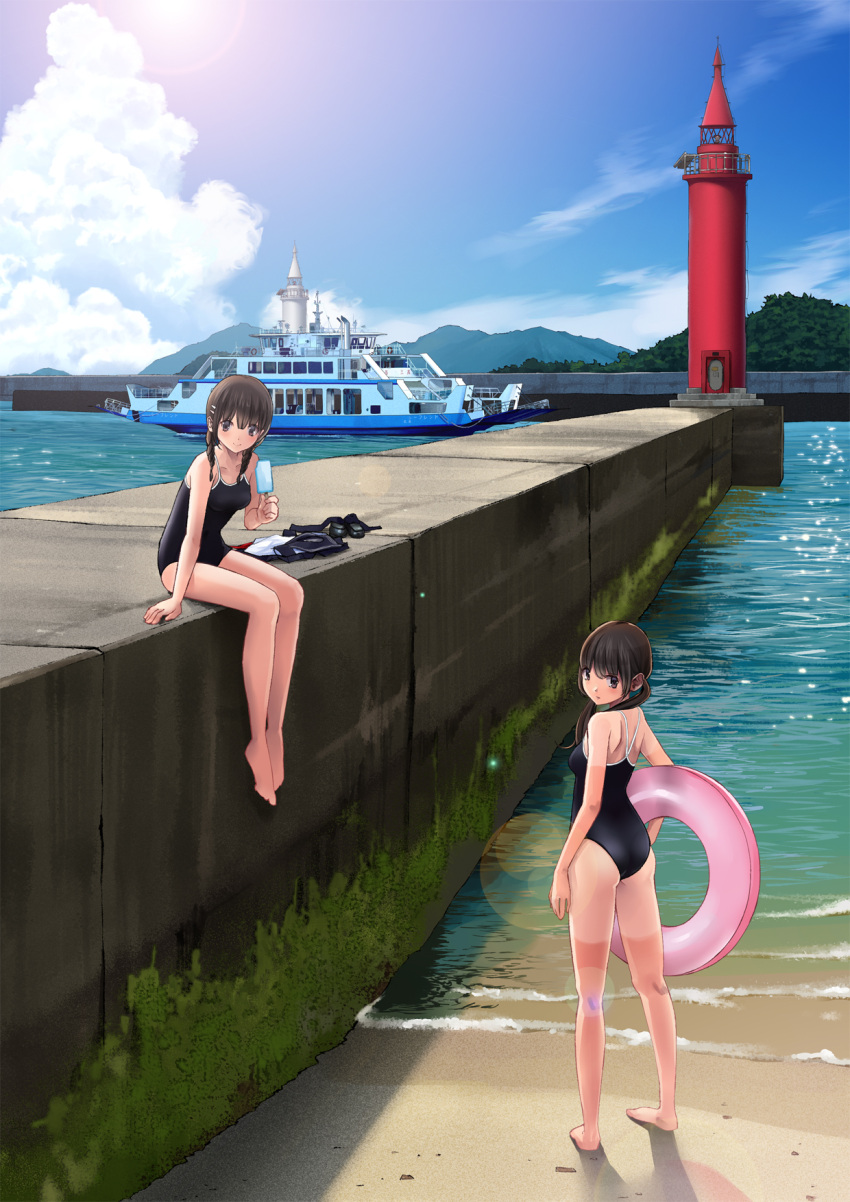 arm_support ass back bangs bare_legs bare_shoulders barefoot beach black_eyes black_hair blue_sky blush braid breasts carrying_under_arm caustics chikuwa_(glossymmmk) closed_mouth clothes_removed clouds commentary_request dock food hair_ornament hair_over_shoulder hairclip highres holding holding_food innertube legs_apart legs_together lens_flare light_particles lighthouse long_hair looking_at_viewer looking_back moss mountain ocean one-piece_swimsuit original outdoors popsicle sand school_swimsuit shadow ship shoes_removed sitting sky small_breasts standing swimsuit twin_braids twintails watercraft waves