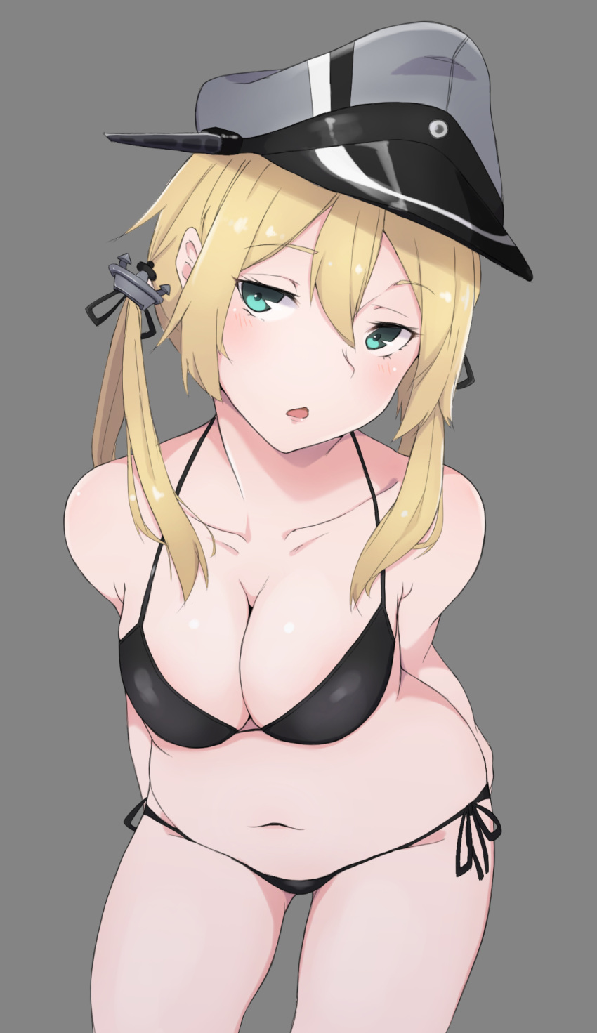 1girl :o alternate_costume anchor_hair_ornament arms_behind_back bare_arms bare_legs bare_shoulders bikini black_bikini black_ribbon breasts cleavage collarbone cowboy_shot grey_background grey_hat hair_ornament hat highres kantai_collection low_twintails medium_breasts navel open_mouth peaked_cap prinz_eugen_(kantai_collection) ribbon side-tie_bikini simple_background stomach swimsuit twintails
