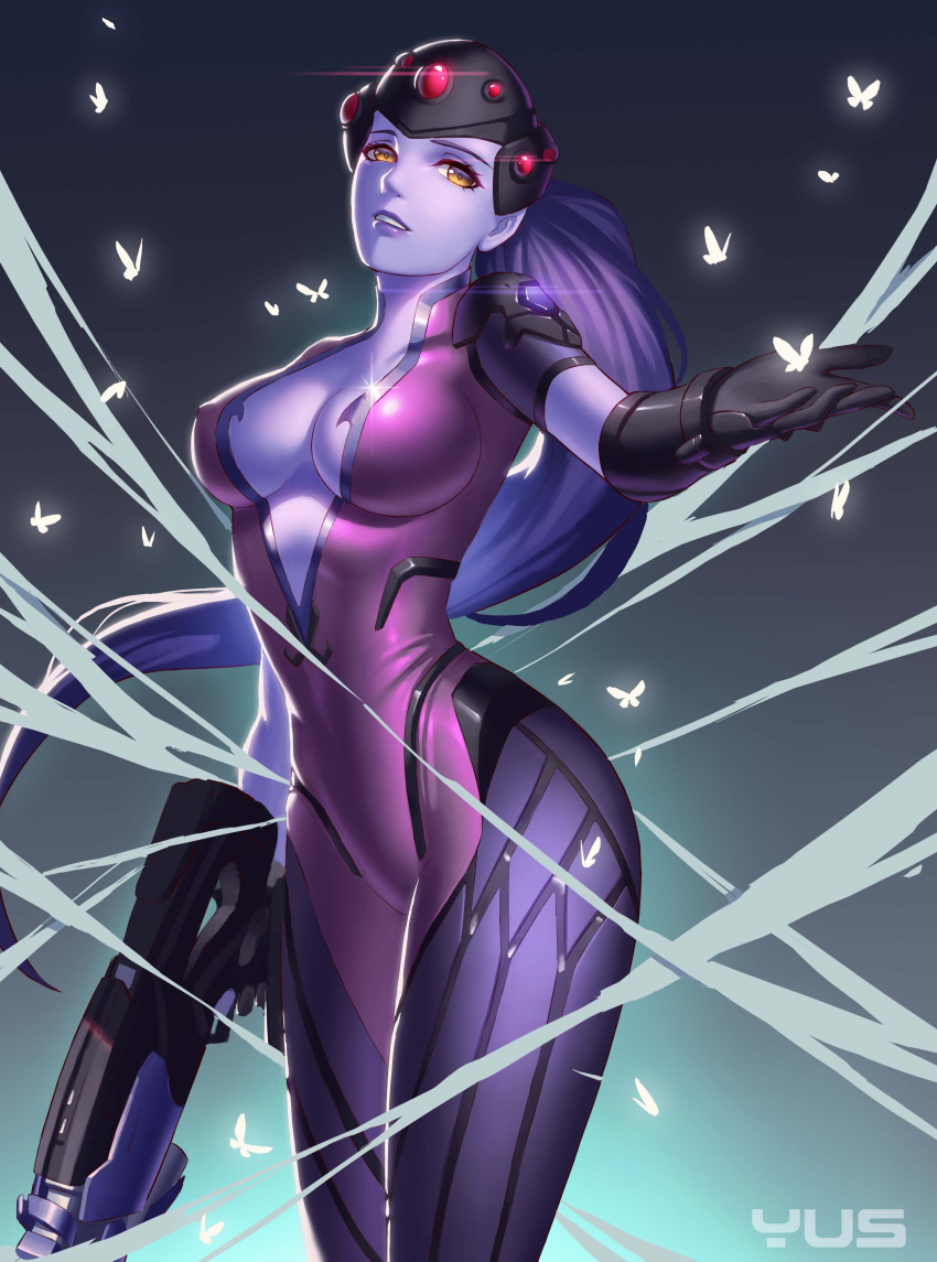1girl absurdres artist_name black_gloves bodysuit breasts butterfly center_opening cleavage gloves gun head_mounted_display highres long_hair open_mouth overwatch pauldrons ponytail purple_hair purple_skin rifle solo weapon widowmaker_(overwatch) yellow_eyes yus