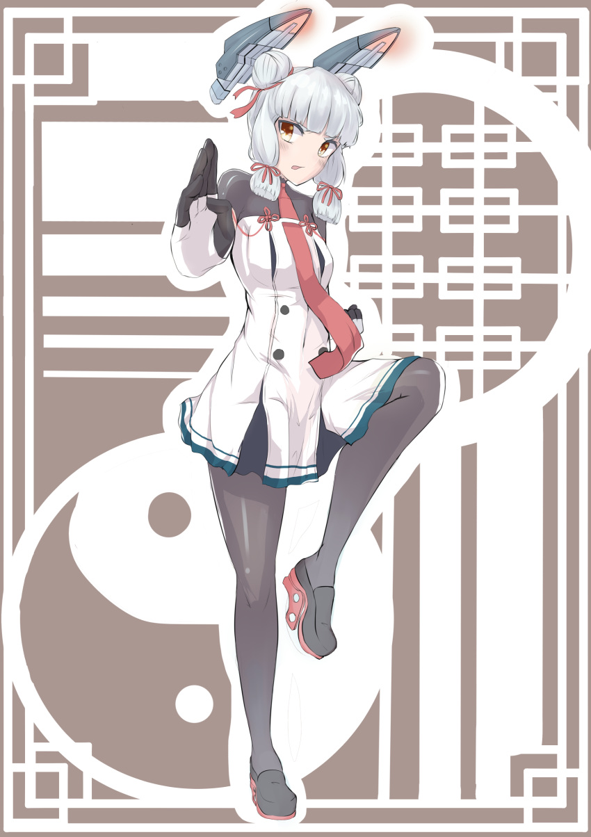 &gt;:o 1girl :o absurdres alternate_hairstyle bangs black_legwear blunt_bangs bodysuit chausson clenched_hand colored_eyelashes double_bun dress fighting_stance from_side full_body gloves grey_background hair_ribbon hair_up headgear highres kantai_collection long_hair looking_at_viewer murakumo_(kantai_collection) necktie orange_eyes red_necktie remodel_(kantai_collection) ribbon sailor_dress school_uniform serafuku short_eyebrows silver_hair standing standing_on_one_leg tress_ribbon yin_yang