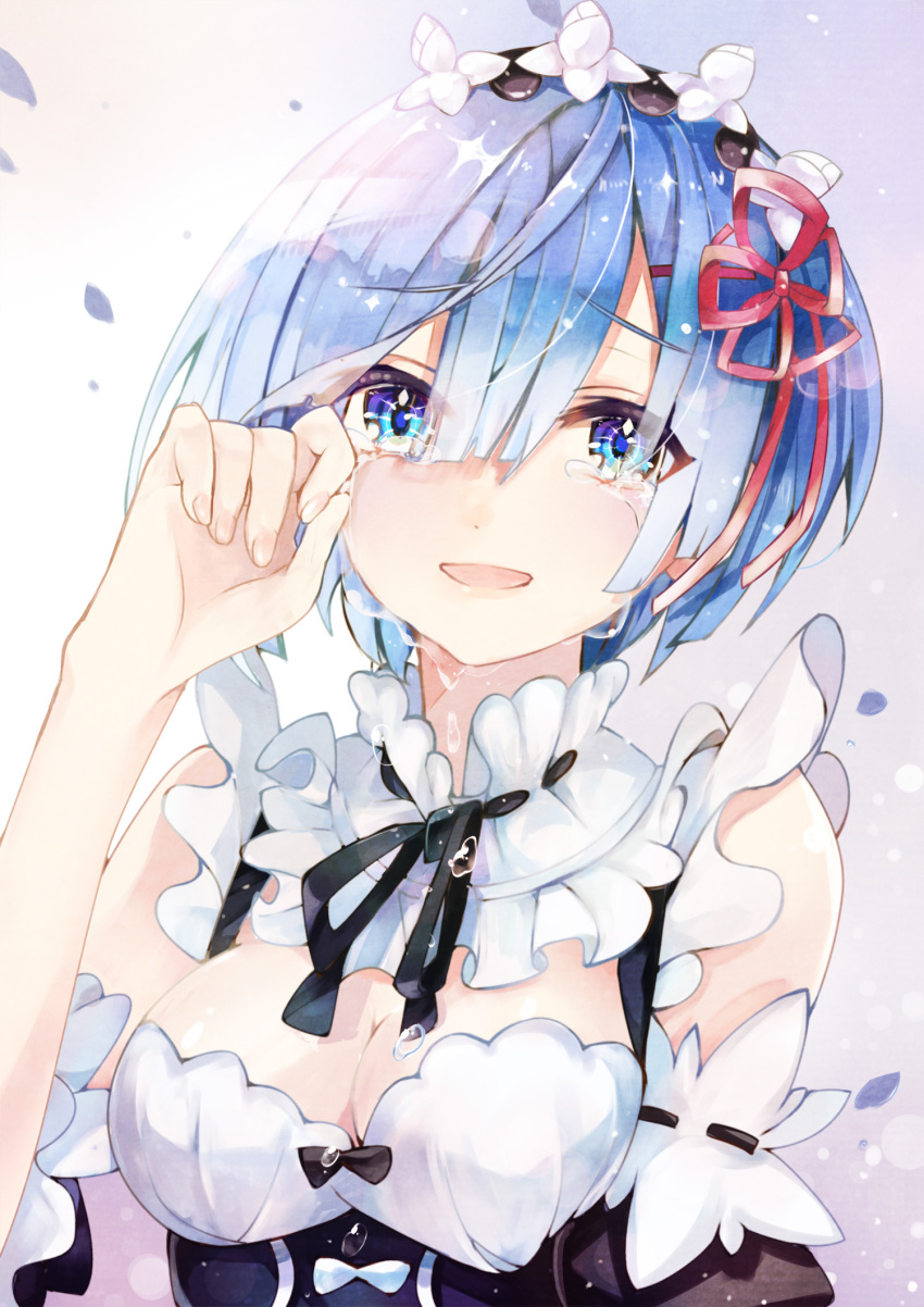 1girl blue_eyes blue_hair breasts cleavage crying crying_with_eyes_open detached_collar detached_sleeves fingernails hair_between_eyes hair_ornament hand_on_own_face highres looking_at_viewer maid maid_headdress medium_breasts open_mouth re:zero_kara_hajimeru_isekai_seikatsu rem_(re:zero) ribbon-trimmed_collar ribbon-trimmed_sleeves ribbon_trim short_hair smile solo tears underbust upper_body wiping_tears x_hair_ornament yok01