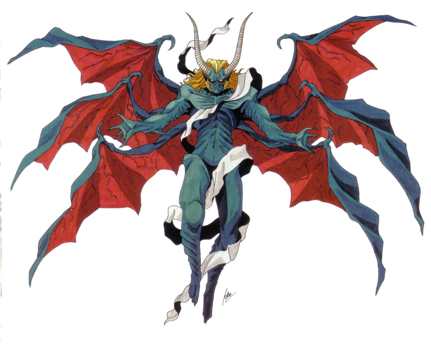 1boy artist_name blonde_hair blue_skin demon_boy demon_horns demon_wings fallen_angel highres horns kazuma_kaneko long_hair lucifer_(shin_megami_tensei) male_focus multiple_wings naked_ribbon nude official_art oldschool red_eyes ribbon scowl shawl shin_megami_tensei sideburns wings