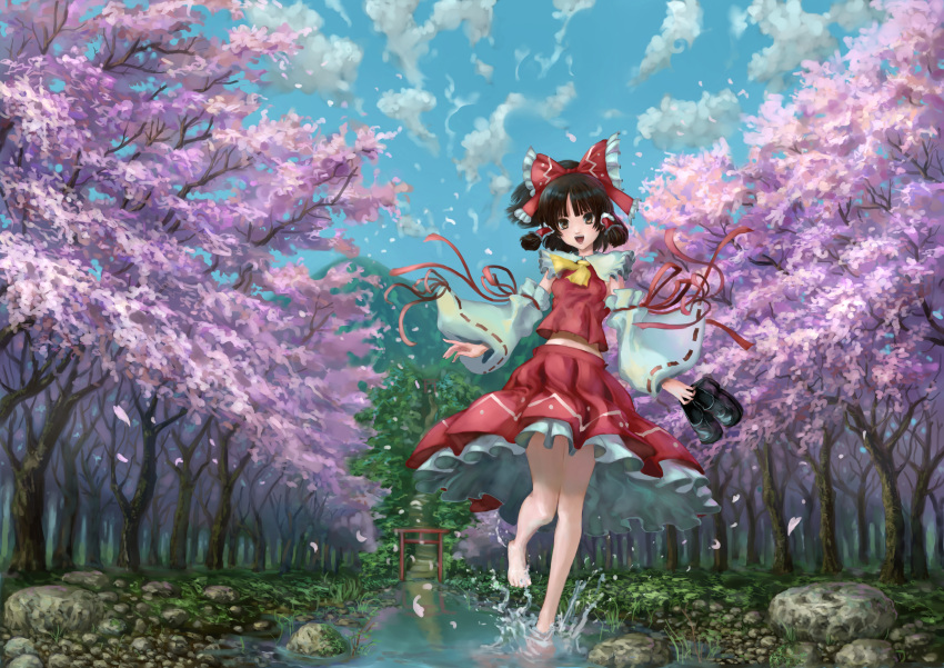 1girl absurdres ascot barefoot black_hair blue_sky cherry_blossoms clouds detached_sleeves full_body hair_ribbon hair_tubes hakurei_reimu highres japanese_clothes lake landscape long_sleeves looking_at_viewer midriff miko nature open_mouth petals ribbon ribbon-trimmed_sleeves ribbon_trim scenery shirt short_hair skirt skirt_set sky smile solo torii touhou tree ultra-taf water wide_sleeves