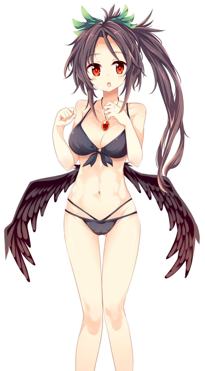 1girl :o ass_visible_through_thighs bare_legs bikini black_bikini black_hair black_wings blush bow breasts cleavage collarbone eyebrows eyebrows_visible_through_hair front-tie_bikini front-tie_top green_bow groin hair_bow highres jewelry long_hair looking_at_viewer maturiuta_sorato medium_breasts multi-strapped_bikini navel o-ring_top pendant red_eyes reiuji_utsuho sidelocks simple_background skinny solo standing swimsuit thigh_gap touhou white_background wings