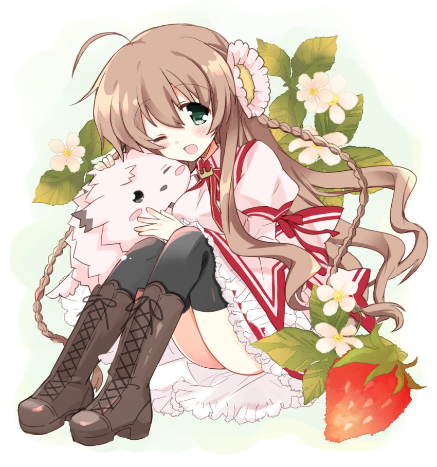 1girl boots braid brown_hair chibi-moth dog food fruit green_eyes highres hizuki_yayoi kanbe_kotori long_hair one_eye_closed oversized_object rewrite school_uniform strawberry thigh-highs twin_braids