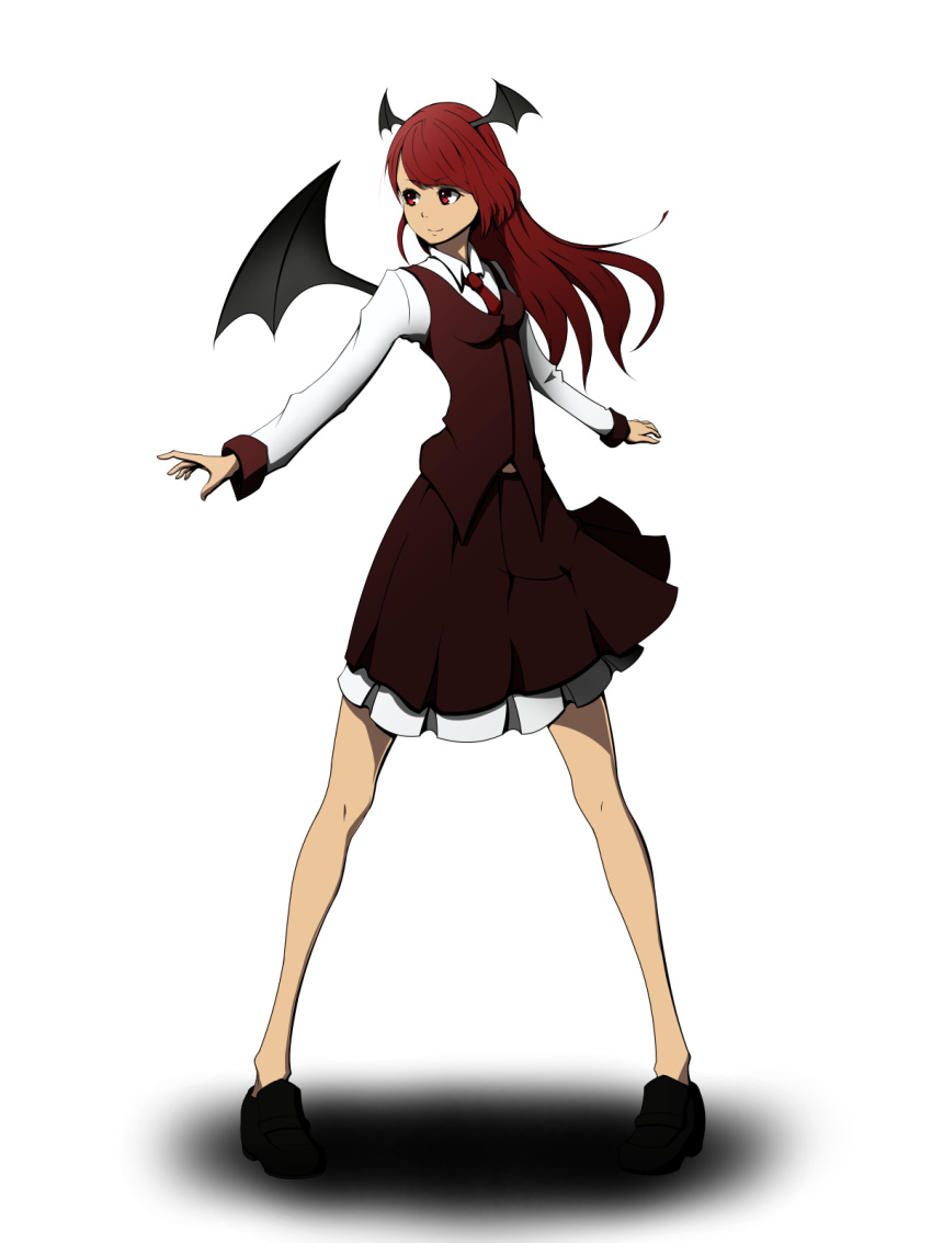 &gt;:) 1girl bat_wings belly_peek dress_shirt eyebrows_visible_through_hair frills full_body head_wings highres jnakamura1182 koakuma loafers long_hair long_sleeves looking_to_the_side necktie outstretched_arms red_eyes red_necktie redhead shadow shirt shoes simple_background skirt skirt_set smile solo spread_legs touhou vest white_background white_shirt wings