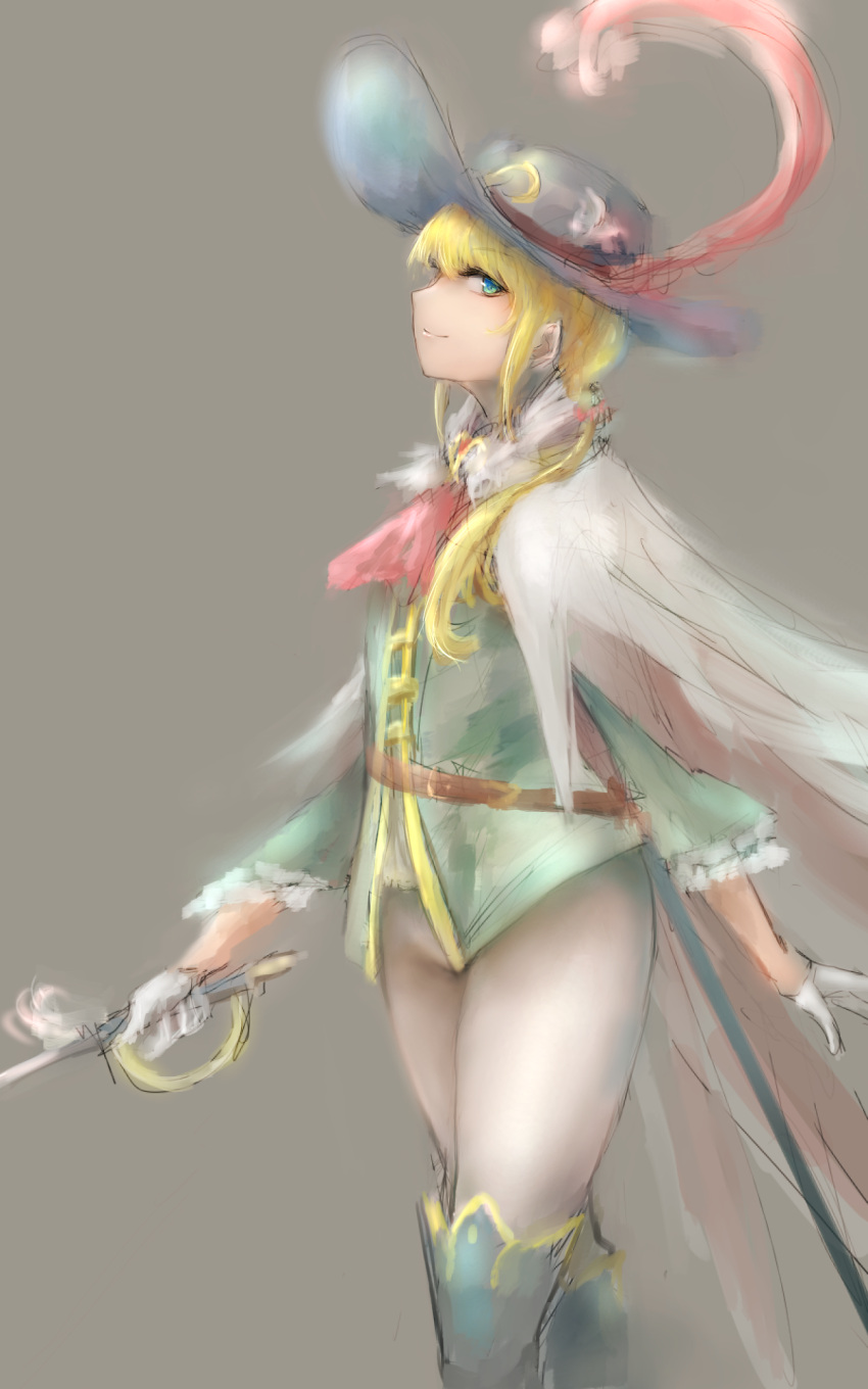 ascot bangs blonde_hair blue_eyes boots brooch cape cowboy_shot fate/grand_order fate_(series) from_side gloves hat highres holding holding_sword holding_weapon hometa impossible_clothes jacket jewelry knee_boots le_chevalier_d'eon_(fate/grand_order) long_hair looking_at_viewer plume sketch smile sword weapon