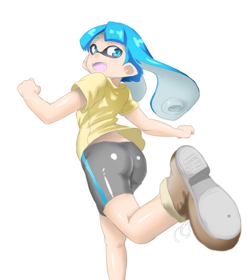 1girl ass bangs bike_shorts black_shorts blunt_bangs blurry blush depth_of_field domino_mask female foreshortening from_behind girly_running highres inkling long_hair looking_at_viewer mask open_mouth pointy_ears running shirt shoes short_sleeves shorts simple_background single_vertical_stripe sketch smile solo splatoon t-shirt tentacle_hair toraneko555 white_background yellow_shirt