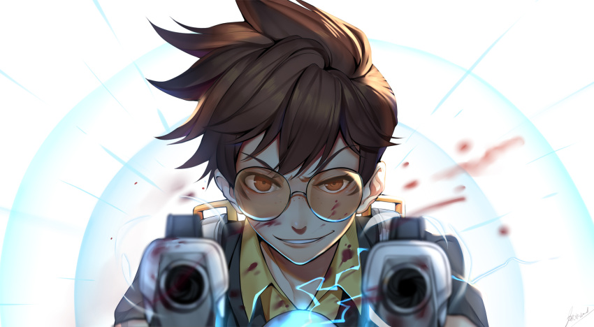 1girl aiming aiming_at_viewer bangs black_jacket blood blood_on_face blood_splatter bloody_clothes brown_eyes brown_hair collared_shirt dress_shirt freckles fur_trim glasses gloves greetload grin harness highres jacket looking_at_viewer overwatch pointing pointing_at_viewer shirt short_hair signature smile solo spiky_hair tracer_(overwatch) upper_body wing_collar yellow_shirt