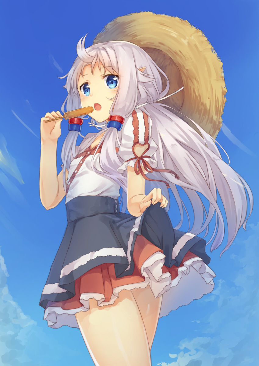 1girl absurdres ahoge blue_eyes blush cowboy_shot hair_tubes hat heart_cutout highres lifted_by_self long_hair looking_at_viewer open_mouth original popsicle puffy_short_sleeves puffy_sleeves ruma_imaginary short_sleeves sidelocks silver_hair skirt skirt_lift solo straw_hat