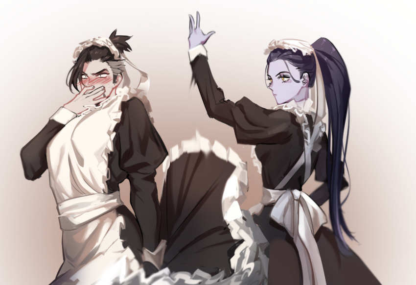 1boy 1girl alternate_costume apron black_dress blush covering_mouth cowboy_shot crossdressinging dress earrings embarrassed enmaided frilled_skirt frills full-face_blush hanzo_(overwatch) jewelry juliet_sleeves long_sleeves maid maid_apron maid_headdress overwatch ponytail puffy_long_sleeves puffy_sleeves purple_skin short_ponytail skirt skirt_lift stud_earrings waist_apron widowmaker_(overwatch) yellow_eyes