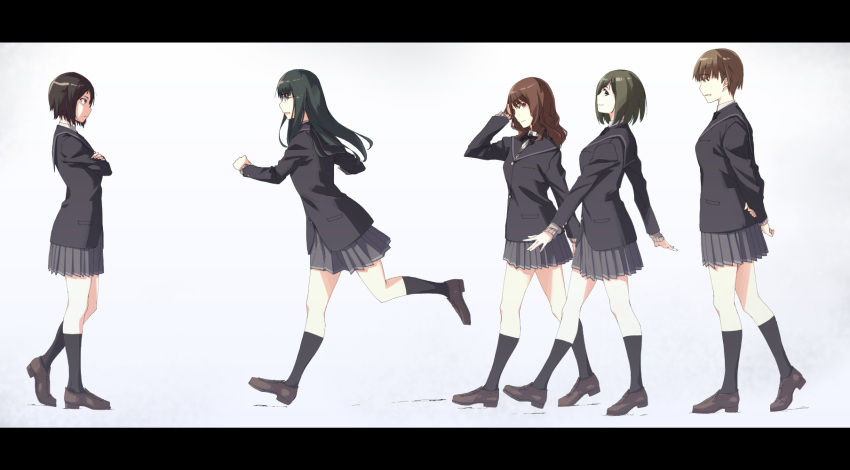 5girls amagami arm_up arms_behind_back black_hair black_legwear brown_hair character_request crossed_arms glasses hand_in_hair highres kneehighs kurosawa_noriko letterboxed loafers long_hair looking_at_another looking_back multiple_girls pleated_skirt running school_uniform shoes short_hair skirt wiori_(mashiro_miracle)
