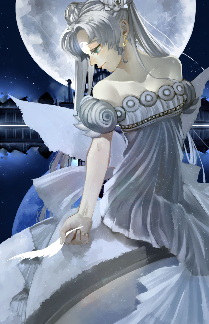 1girl absurdres bare_shoulders bishoujo_senshi_sailor_moon breasts building cleavage crescent double_bun dress facial_mark feathers flower forehead_mark full_moon green_eyes hair_flower hair_ornament highres holding looking_down moon night night_sky princess_serenity reflecting_pool rose silver_hair sitting sky smile solo star_(sky) starry_sky tsukino_usagi twintails watagashi0710 white_dress white_rose
