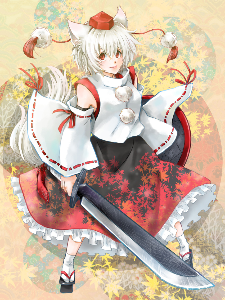 1girl animal_ears bare_shoulders breasts detached_sleeves geta hat highres inubashiri_momiji leaf looking_at_viewer looking_up pom_pom_(clothes) red_eyes ribbon-trimmed_sleeves ribbon_trim shield short_hair silver_hair solo sword tail tokin_hat touhou weapon wolf_ears wolf_tail