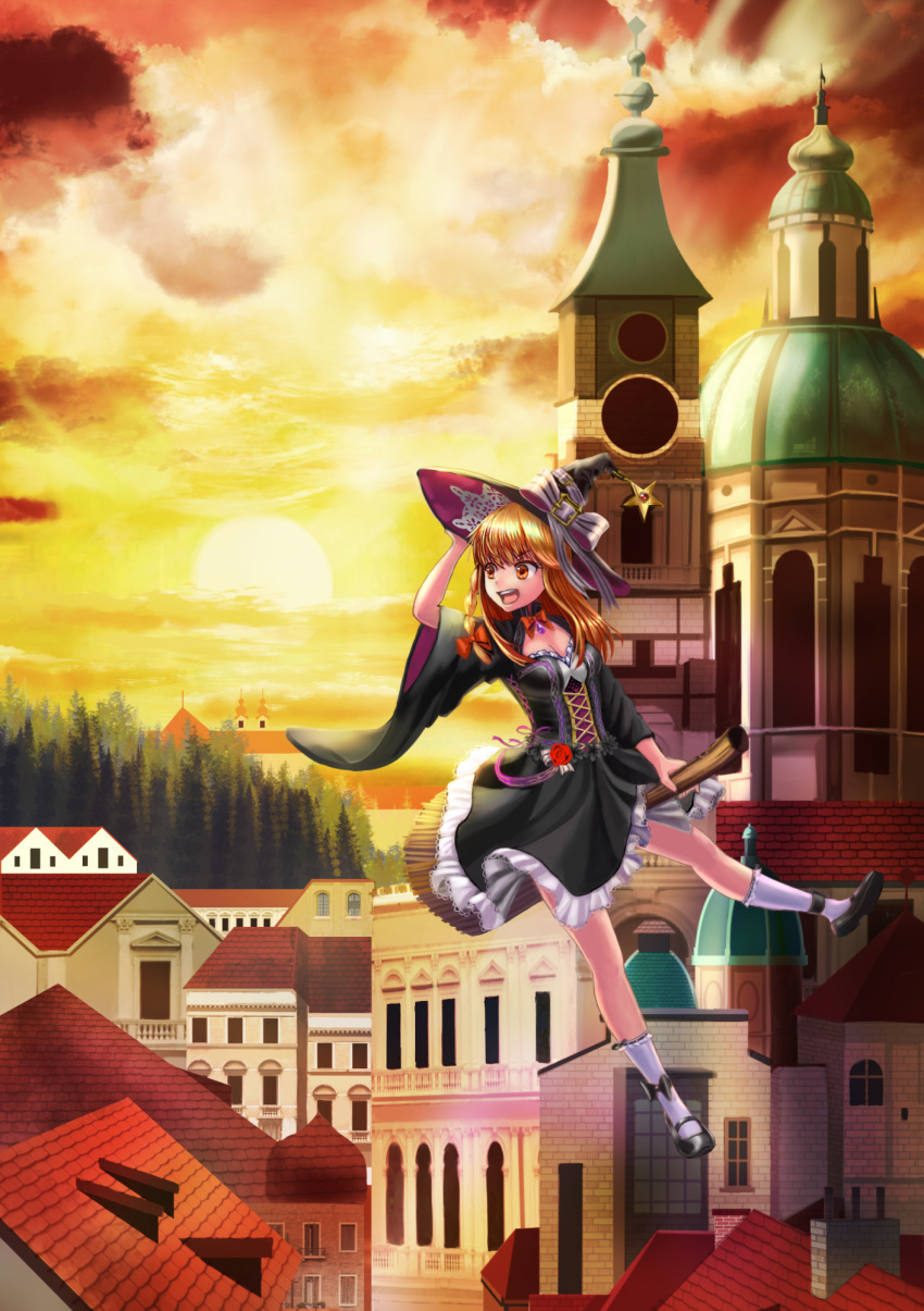 1girl :d adapted_costume black_bow black_dress black_hat black_shoes blonde_hair bobby_socks bow bowtie braid breasts broom broom_riding cityscape cleavage cross-laced_clothes dress flying full_body hair_bow hat hat_bow highres kirisame_marisa looking_away mary_janes open_mouth orange_sky red_bow red_bowtie shoes side_braid sky small_breasts smile socks solo star sunset touhou uemura_shun white_bow white_legwear wide_sleeves witch_hat yellow_eyes
