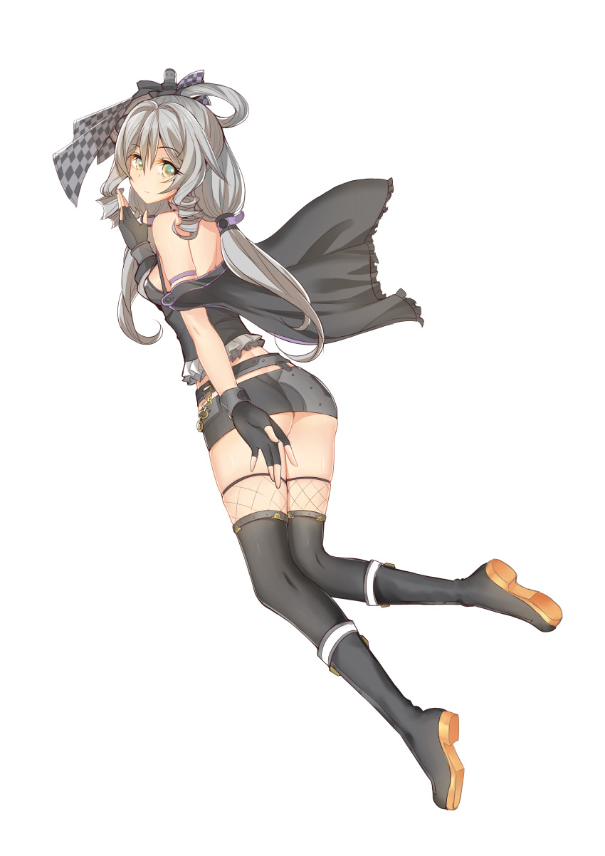 1girl absurdres ass bare_shoulders black_legwear boots bow camisole chain choker detached_sleeves drill_hair fingerless_gloves frills full_body gloves green_eyes grey_hair hair_bow highres long_hair looking_at_viewer looking_back luo_tianyi microskirt onceskylark open_mouth skirt solo twin_drills underwear vocaloid vocanese white_background