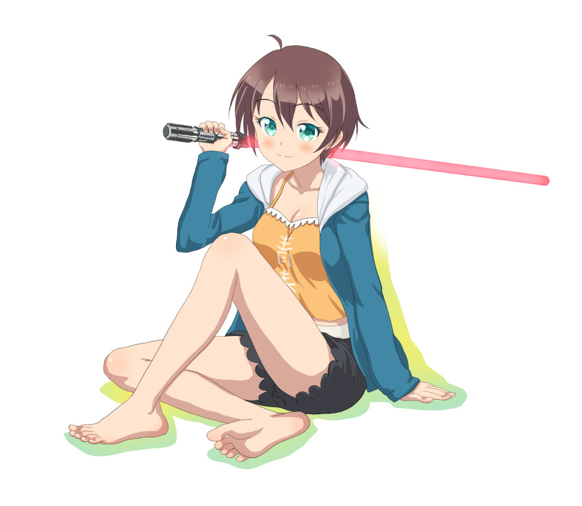 1girl barefoot blush brown_hair camisole energy_sword green_eyes highres hood hoodie legs lightsaber looking_at_viewer new_game! over_shoulder shinoda_hajime short_hair shorts sitting smile solo souji_kurokawa sword sword_over_shoulder toy weapon weapon_over_shoulder