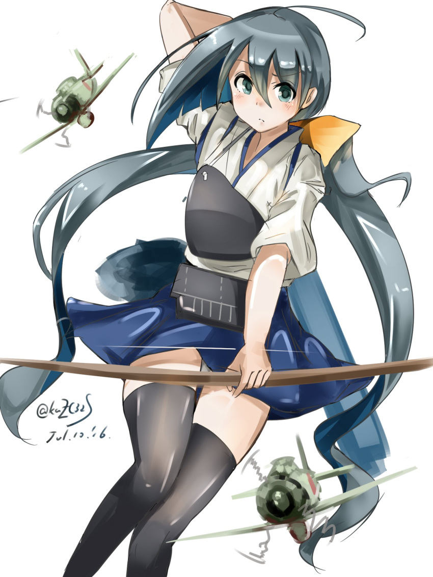 1girl black_legwear blue_eyes bow_(weapon) commentary_request cosplay dated grey_hair hair_between_eyes hair_ribbon highres japanese_clothes kaga_(kantai_collection)_(cosplay) kantai_collection kazu_(really_in_hot_water_now) kiyoshimo_(kantai_collection) long_hair muneate parted_lips ribbon simple_background twintails twitter_username weapon white_background