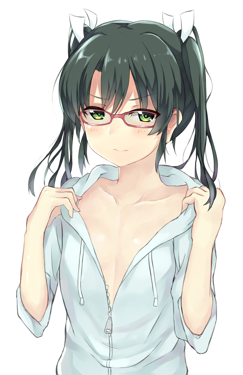 1girl absurdres alternate_costume bespectacled breasts collarbone glasses green_eyes green_hair hair_between_eyes highres hood hooded_track_jacket jacket kantai_collection long_hair nagiha_kuten no_bra no_underwear open_clothes ribbon sleeves_rolled_up small_breasts smile track_jacket twintails unzipped upper_body white_ribbon zuikaku_(kantai_collection)