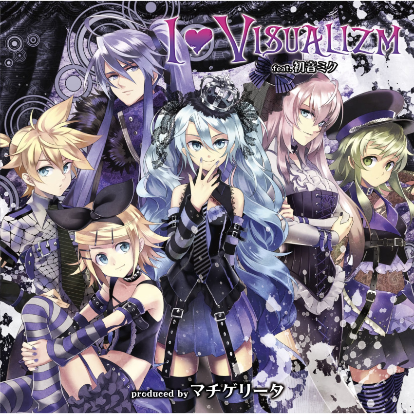2boys 4girls album_cover belt belt_buckle black_hat black_nails blonde_hair blue_eyes blue_hair bow buckle buttons closed_mouth cover crop_top crown detached_collar expressionless fur_trim green_eyes green_hair gumi hair_ornament hairclip hand_on_arm hand_on_leg hat hat_bow hatsune_miku highres kagamine_len kagamine_rin kamui_gakupo laces leg_up long_sleeves looking_at_viewer megurine_luka multiple_boys multiple_girls nail_polish navel necktie osamu_(jagabata) parted_lips pink_hair pleated_skirt purple_hair purple_nails purple_skirt see-through shirt short_sleeves sidelocks skirt sleeveless sleeveless_shirt smile striped striped_bow striped_legwear text thigh-highs torn_clothes violet_eyes vocaloid zettai_ryouiki