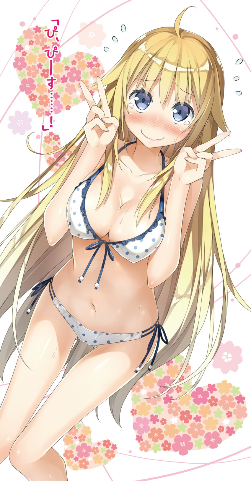 1girl absurdres ahoge bikini blonde_hair blue_eyes blush breasts cleavage double_v dutch_angle flying_sweatdrops frilled_bikini frills from_above front-tie_top full-face_blush highres kantoku knees_together_feet_apart long_hair navel nose_blush polka_dot polka_dot_bikini polka_dot_swimsuit qualidea_code scan shiny shiny_skin side-tie_bikini sidelocks solo sweat swimsuit tears utara_canaria v very_long_hair wavy_mouth