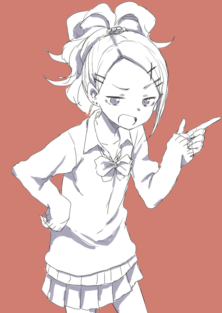 1girl absurdres collarbone cowboy_shot ear_piercing eyebrows forehead frown hair_ornament hair_scrunchie hand_on_hip highres loose_shirt neck_ribbon piercing pointing_finger ponytail ribbon school_uniform scowl scrunchie shirt skirt sleeves solo sweater yamamoto_souichirou