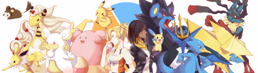 2girls ampharos audino bandana bare_shoulders black_hair black_jacket blissey blonde_hair blue_eyes braid brown_eyes crop_top crossover dress_shirt earrings emolga empoleon eye_of_horus facial_mark facial_tattoo golduck hair_tubes hand_up highres jacket jewelry jolteon long_sleeves lucario luxray manectric mega_ampharos mega_audino mega_lucario mega_manectric mega_pokemon mercy_(overwatch) minun multiple_girls nyasa overwatch pharah_(overwatch) pikachu poke_ball pokemon ponytail shirt short_hair short_sleeves side_braids sidelocks smile tattoo upper_body white_shirt